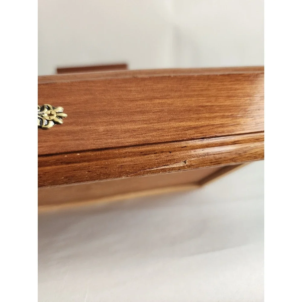 Vintage Wooden Valet Box Desk Organizer Mail Holder Jewelry Drawer Brown Brass